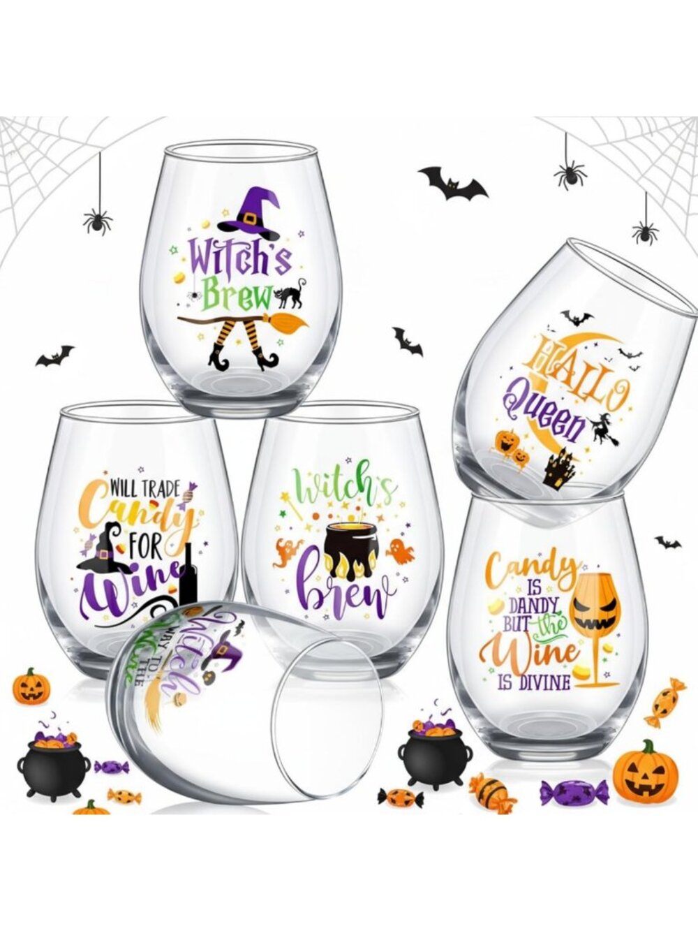Set of 6 Halloween Stemless Wine Glasses - 15oz Witch Queen Tumblers for Parties